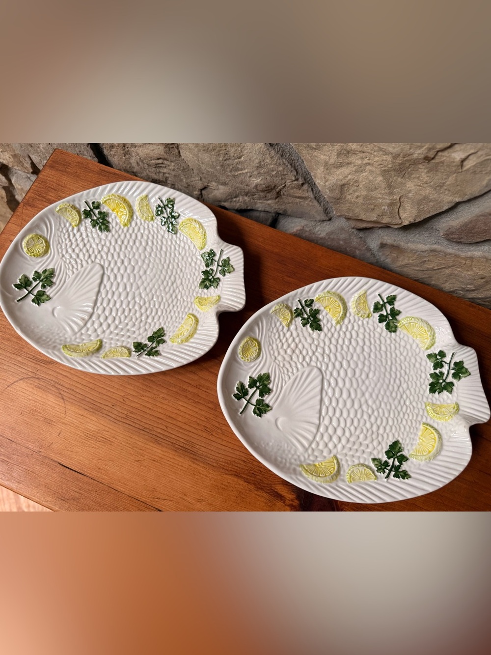 Bassano Italy Ceramic Fish-Shaped Serving Platters with Lemon & Parsley Accents